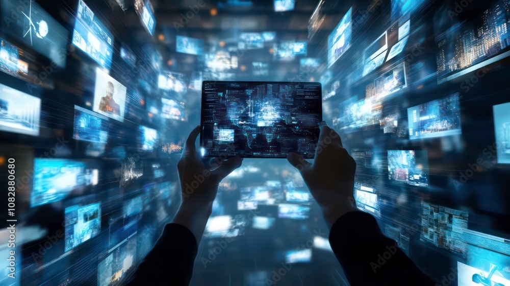 Poster hands holding a tablet displaying a world map with data and surrounded by numerous screens showing v