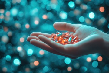 Hand holding colorful capsules with glowing background in a health and wellness context