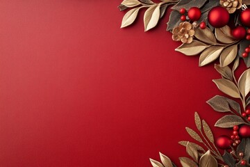 Rich red Christmas background with golden holly accents and elegant frame for festive holiday occasions