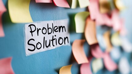 Close-up of vibrant sticky notes on a blue project planning board showcasing problem-solving strategies