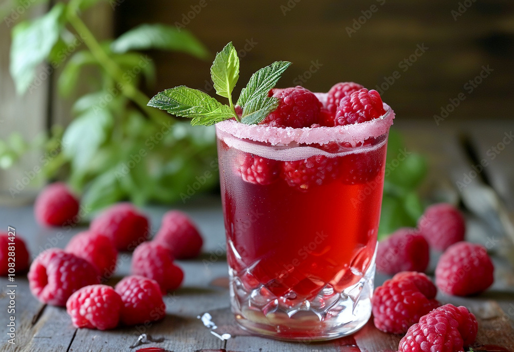 Aufkleber refreshing raspberry drink garnished with mint in a rustic setting on a summer day