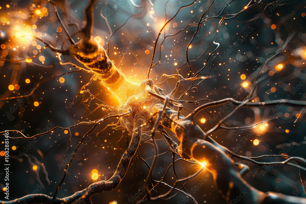 Poster a network of neurons is depicted with vibrant glowing connections, showcasing the electric activity 