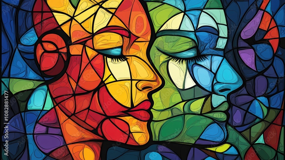 Aufkleber abstract human face elements intertwined with a colorful stained glass pattern exploring themes of s