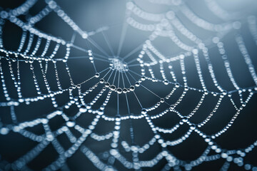Fototapeta premium A beautifully intricate spider web catches the light, showcasing numerous dew drops that enhance its delicate structure in a tranquil morning atmosphere