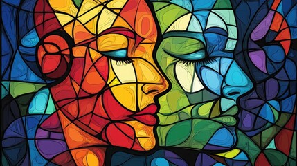 Abstract human face elements intertwined with a colorful stained glass pattern exploring themes of spirituality creativity imagination and artistry in a line art illustration