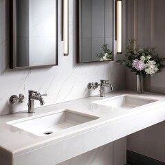 High-end hotel bathroom, double sinks, quartz countertop, wall-mounted fixtures, elegant and sophisticated design