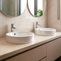 Fototapeta premium High-end hotel bathroom, double sinks, quartz countertop, wall-mounted fixtures, elegant and sophisticated design