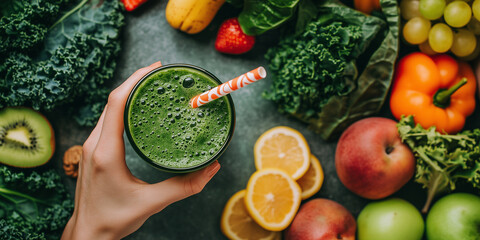 Close-up of hands holding a glass of green smoothie panaroma banner image, copy space