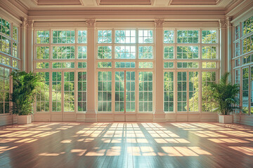 Large bright room with large panoramic windows with sunlight