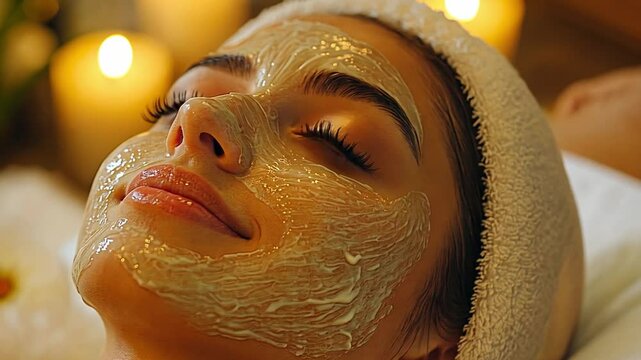 Relaxing facial treatment with soothing mask at a serene spa during evening ambiance