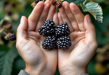 Harvesting ripe blackberries in hands, surrounded by lush green foliage