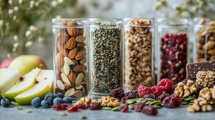Healthy Snack Display with Dried Fruits, Nuts, and Granola