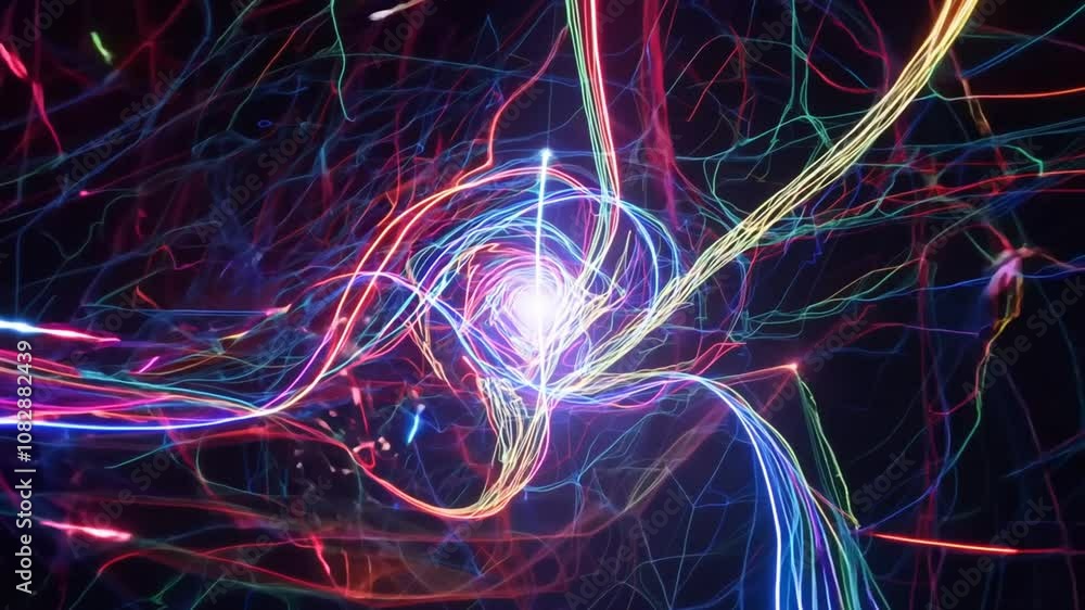 Poster vibrant multicolored particles form glowing trails in night animation generative ai