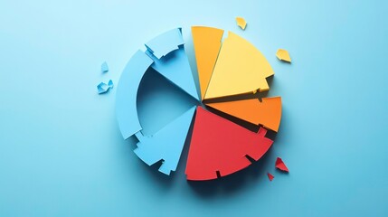 Obraz premium A colorful pie chart made of paper is broken into pieces on a blue background.