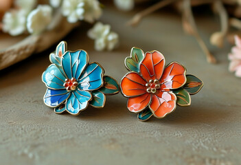 Colorful floral enamel brooches displayed artistically on a textured background