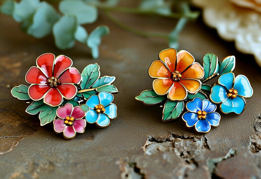 Colorful floral brooches placed elegantly on a textured surface in natural light
