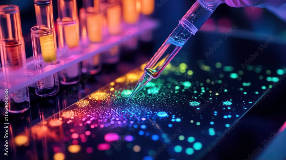 Poster colorful laboratory experiment with pipettes and a pen creating patterns on a glowing surface at nig