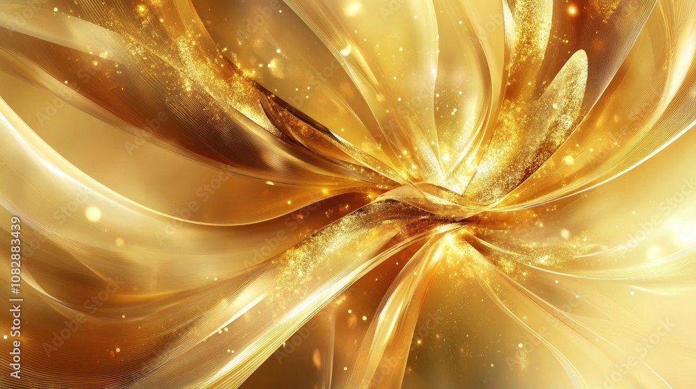 Poster abstract gold background featuring a fractal star explosion with glossy accents and dynamic lines in