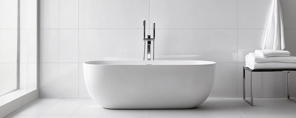 Minimalist bathroom with white porcelain tiles, freestanding bathtub, sleek chrome accents, modern simplicity