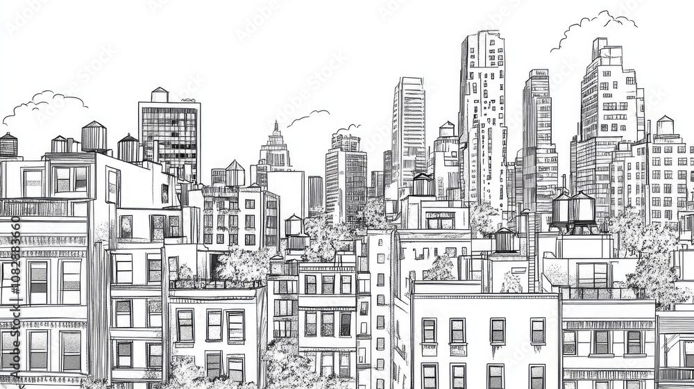 Poster line art illustration showcasing an elevated view of an urban scene with distinctive architectural e