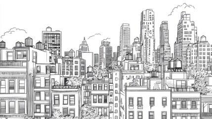 Line art illustration showcasing an elevated view of an urban scene with distinctive architectural elements in the background
