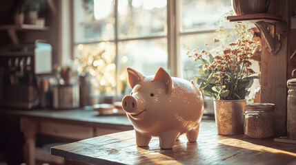 Rustic Farmhouse Kitchen with Piggy Bank and Natural Light - Cozy Decor for Financial Concepts