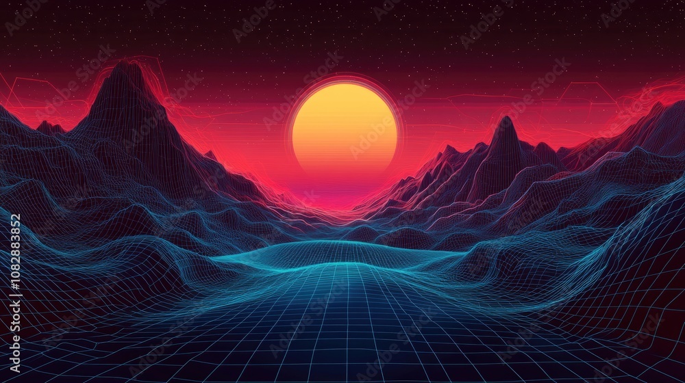 Poster line art illustration of a digital grid landscape featuring high quality techno style graphics in a 