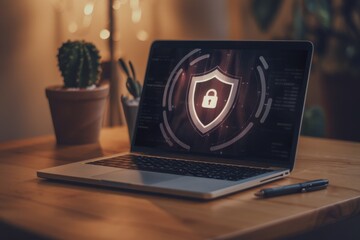 Open laptop displaying a bright red shield with padlock, symbolizing online security and data protection