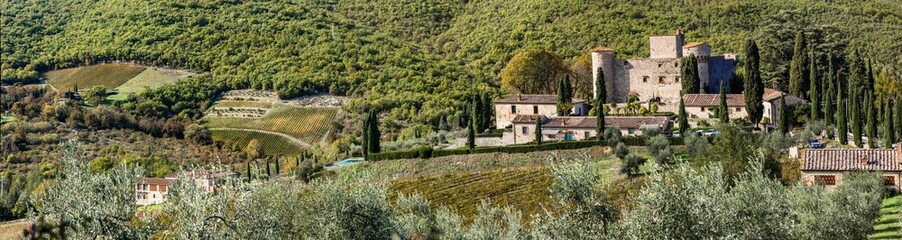 Fototapeta premium Italy, Tuscany landscape with cypresses. Scenic medieval castle and hotel surrounded by vineyards - Castello di Meleto in Chianti region.