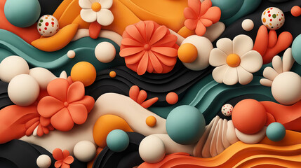 Colorful abstract 3D composition featuring floral shapes and spherical elements in a harmonious arrangement with orange, teal, black, and beige colors