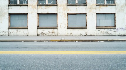 Facade of abandoned building with boarded up windows and peeling paint, overlooking a deserted street with double yellow lines