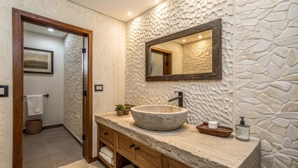Bathroom with textured walls and natural stone finishes