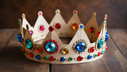 Paper crown decorated with colorful glass gems.