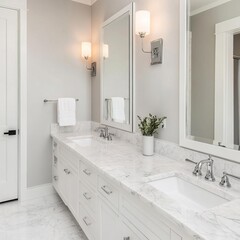 Obraz premium Spacious bathroom with marble countertops, double sinks, large vanity mirror, luxurious and clean aesthetic