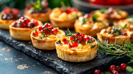 Mini quiche appetizers with golden crust, topped with fresh herbs. Appetizer presentation, gourmet party bites, holiday entertaining