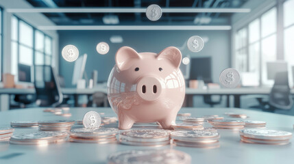 Teamwork in Savings: Piggy Bank and Coins in Collaborative Office Environment