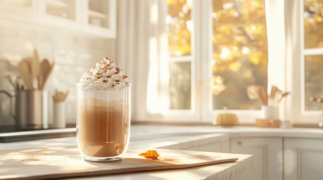 A glass of pumpkin spice latte with whipped cream and cinnamon, on a kitchen counter with a fall leaf and a window view