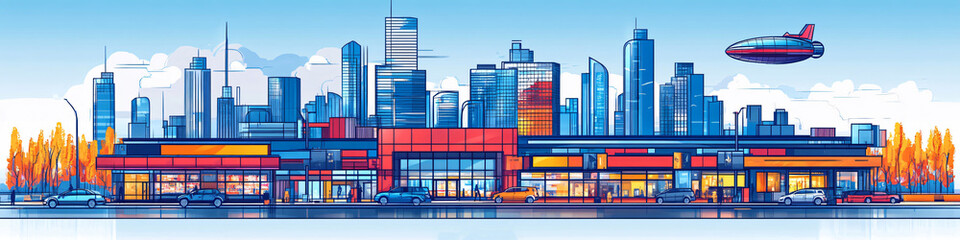 Colorful vector illustration of a shopping mall with cars parked in front and a futuristic airship flying over a modern city skyline