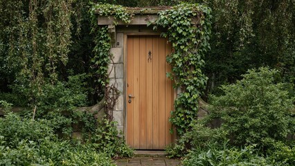 Rustic wooden door surrounded by lush green vines in a tranquil garden setting