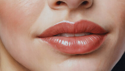 Fototapeta premium Close-up of a woman's lips with a soft expression on a neutral background