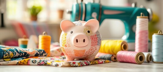 Obraz premium Creative Sewing Savings: Piggy Bank in Colorful Sewing Room for Fashion Design Projects