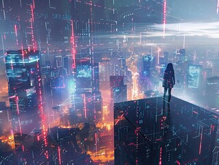 A solitary figure stands on a platform overlooking a futuristic city glowing with neon lights and intricate digital patterns .