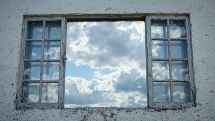 Surreal window reflecting cloudy sky blending heaven with aged frame