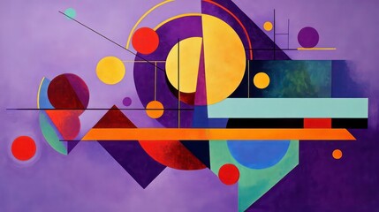 Obraz premium Abstract geometric painting with circles, squares, and triangles in red, yellow, blue, and purple.