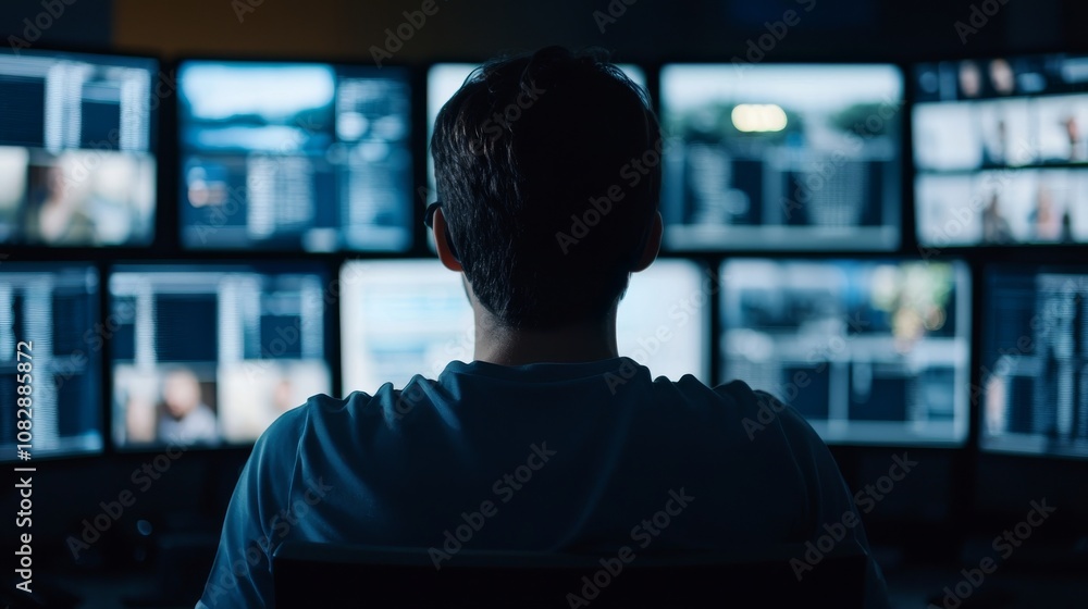 Aufkleber remote monitoring action with modern surveillance equipment control room digital media high-tech env