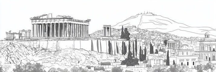 Elegant line art depicting the Acropolis, Parthenon, and Athenian cityscape.  Symbolizes history, architecture, Greece, travel, and culture.