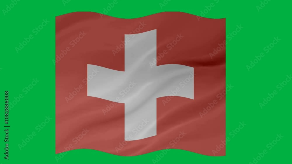 Poster switzerland pantone waving flag loop animation with glowing 3d shade isolated on green background