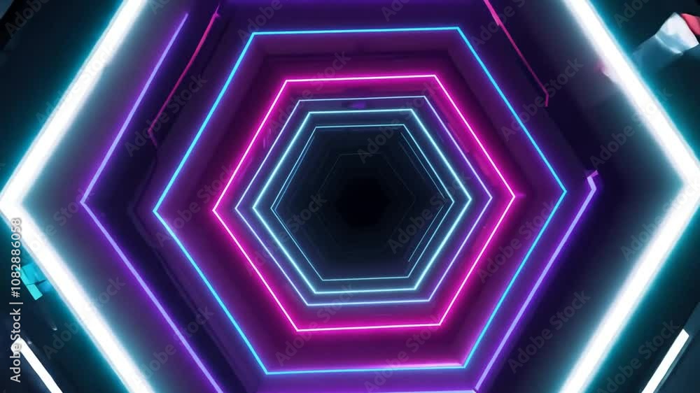 Poster abstract motion design with black hexagons and glowing neon lights generative ai