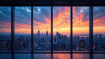 Fototapeta premium Vibrant sunset through panoramic window over city skyline in HDR