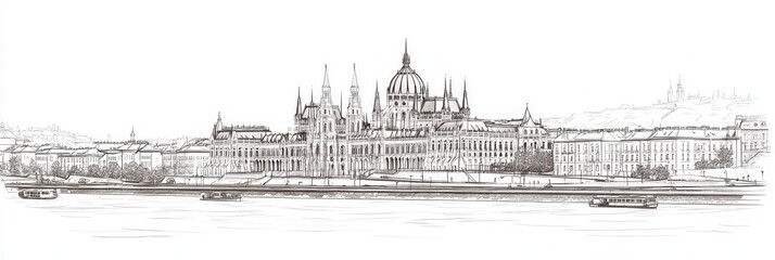 Fototapeta premium Single line drawing of Hungarian Parliament, Budapest cityscape, Danube river, architecture, travel.